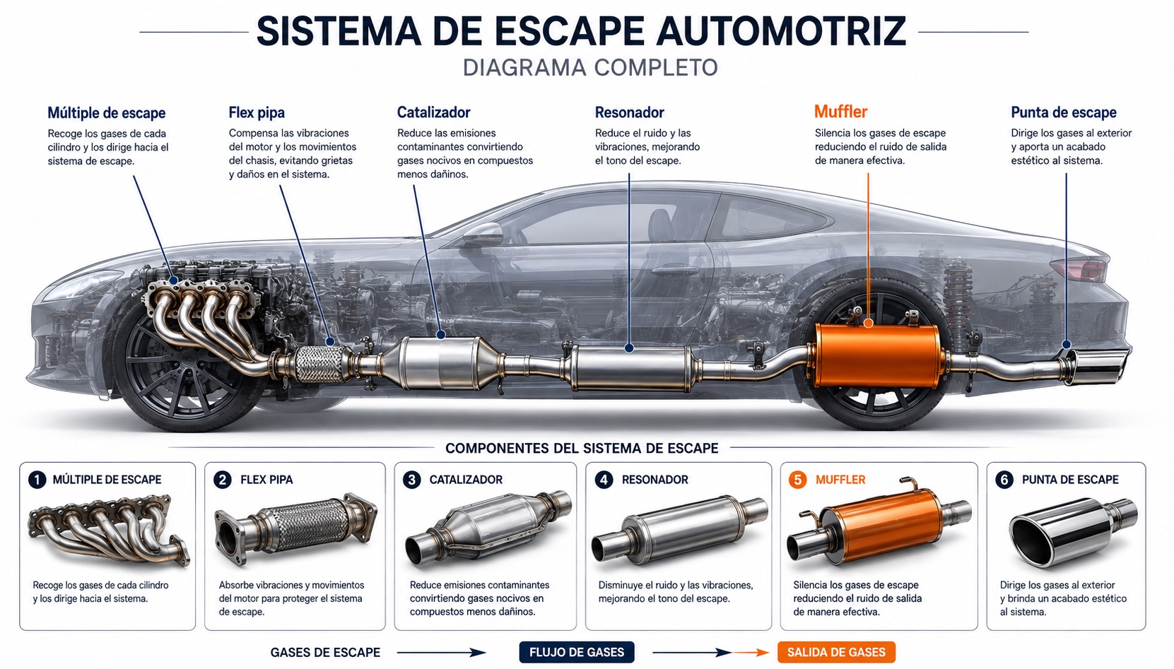Diagrama del sistema de escape automotriz completo: múltiple de escape, flex pipa, catalizador, resonador, muffler y punta de escape